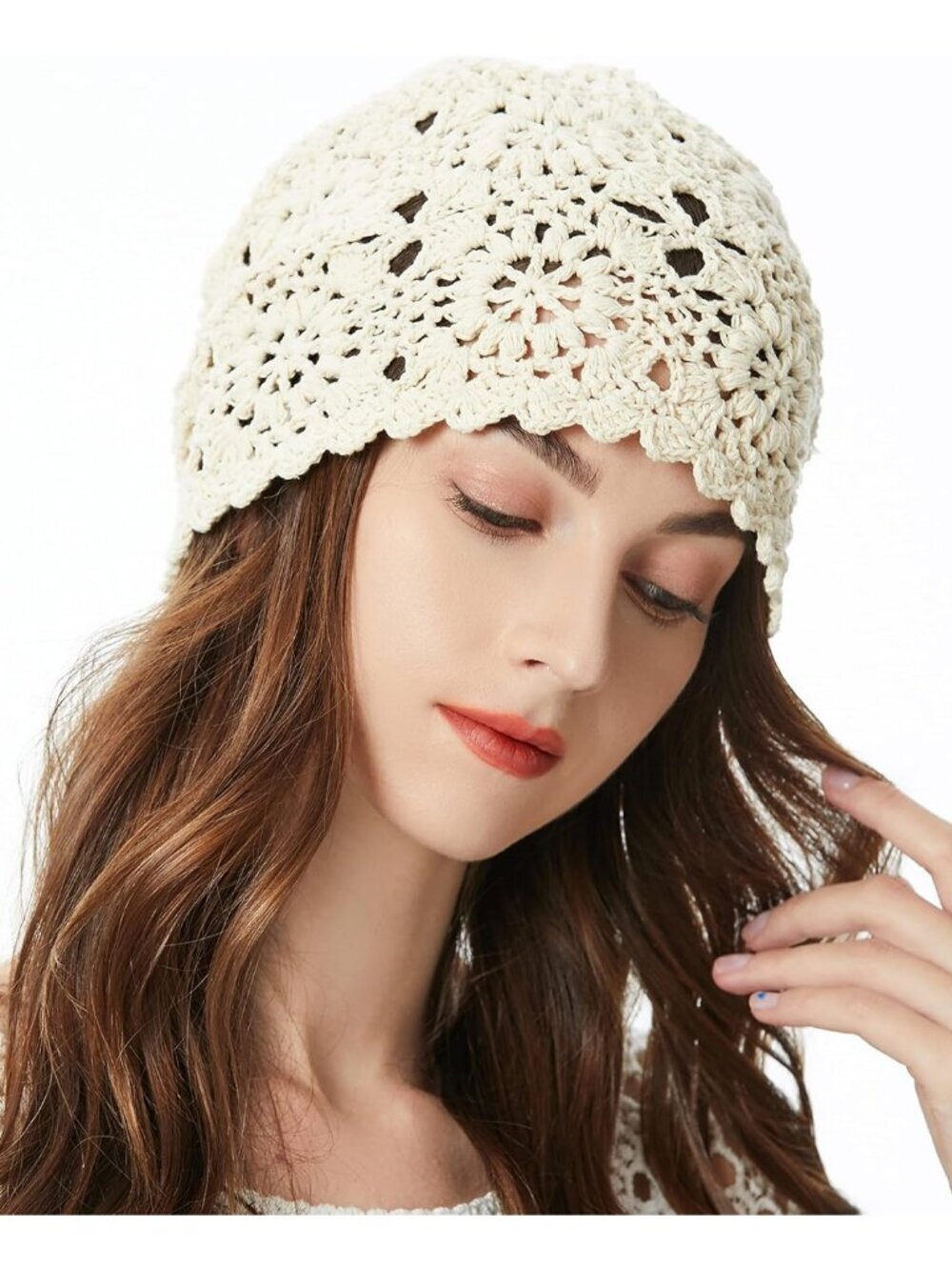 Women's Cotton Crochet Slouchy Beanie Hat Handmade Knit Summer Skull Cap Beige